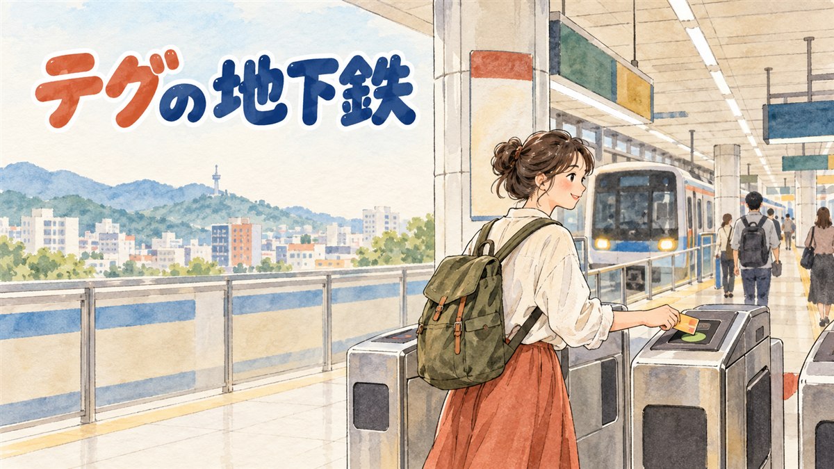 大邱の地下鉄駅の改札でICカードをタッチして乗車する様子