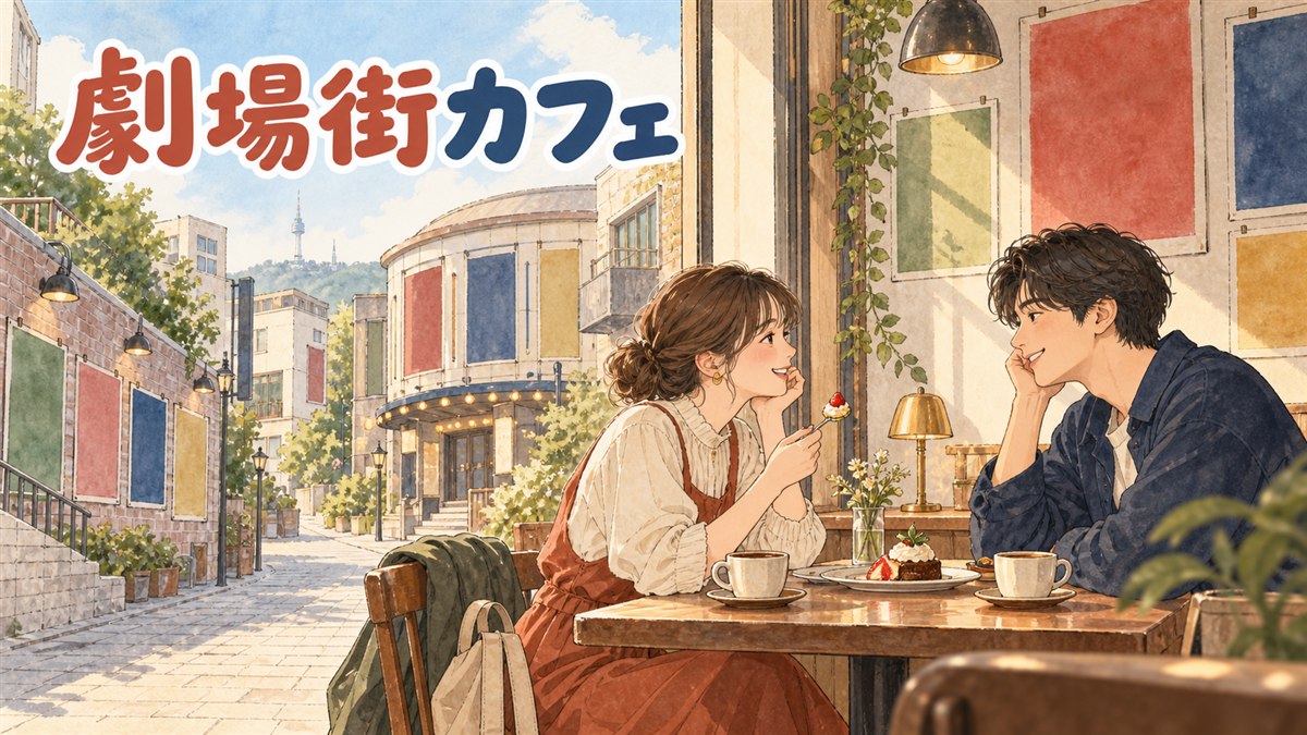 大学路の小劇場街と韓屋カフェの通りを描いたイラスト