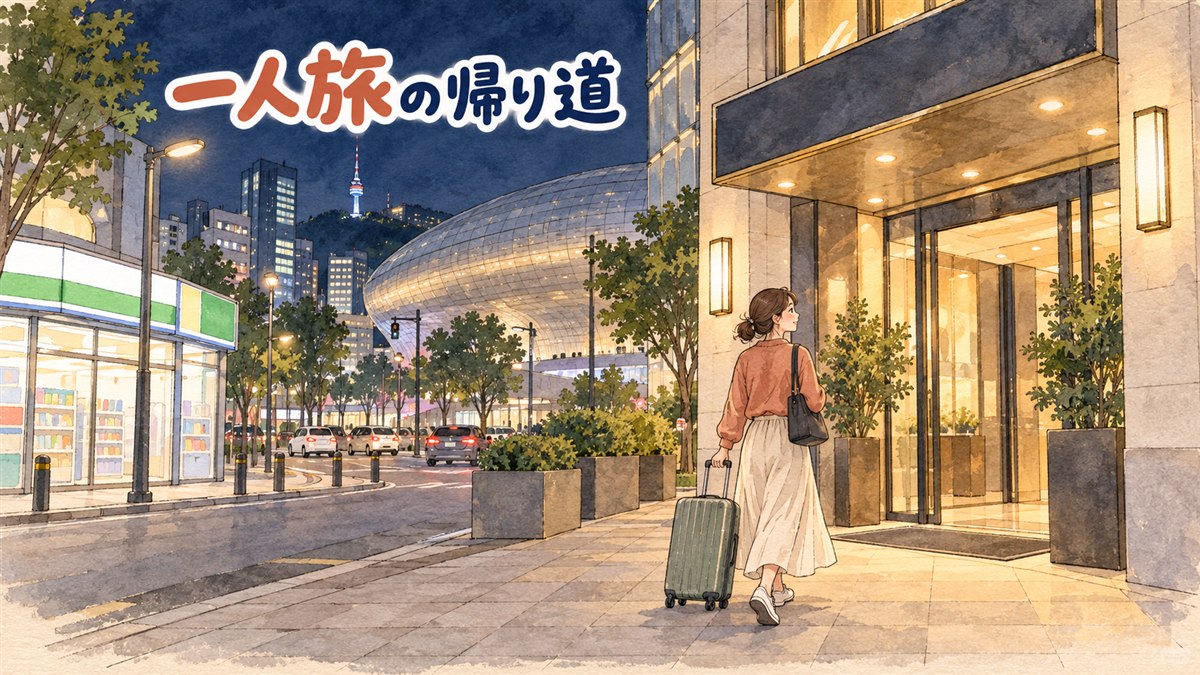 東大門の夜、地図アプリでホテルまでの帰り道を確認する女性一人旅行者の情景