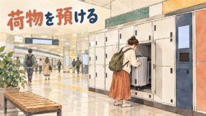 東大門駅の出口付近でキャリーバッグをコインロッカーに預ける旅行者のイメージ