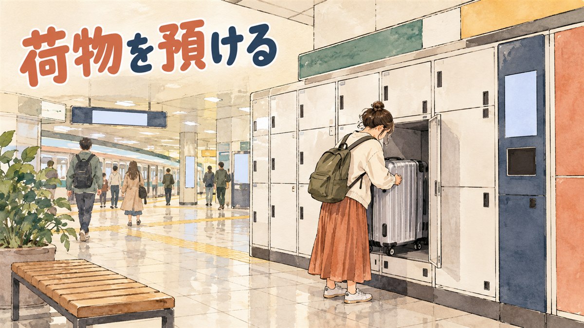 東大門駅の出口付近でキャリーバッグをコインロッカーに預ける旅行者のイメージ