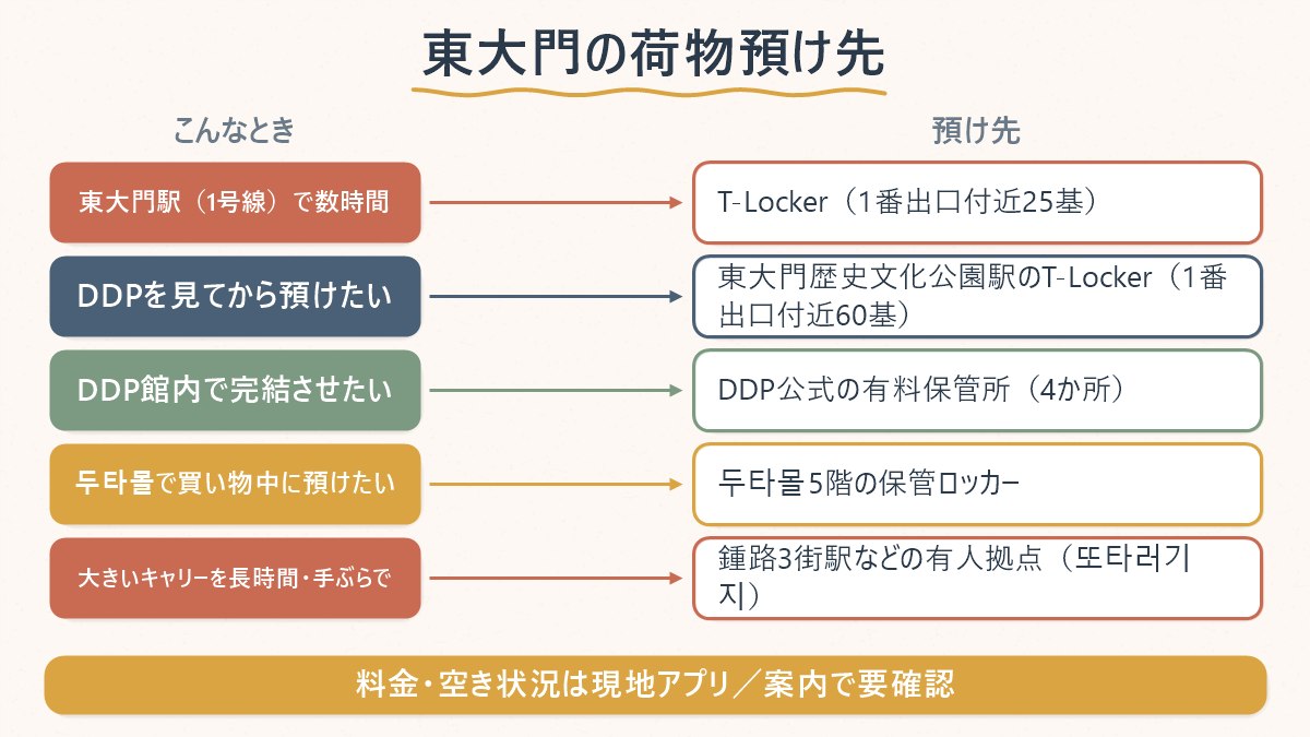 東大門で荷物を預けたい場面ごとに、どの保管先を選べばよいかの対応