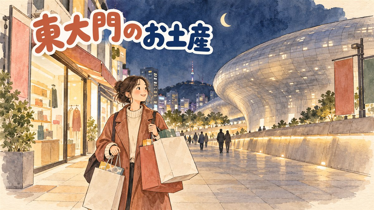 東大門のDDPやビル群が並ぶ通りでショッピングバッグを持つ旅行者のイメージ