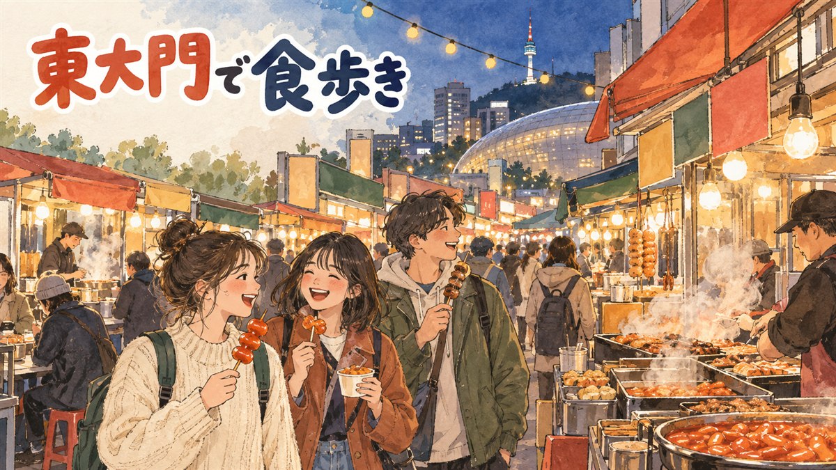 東大門総合市場の建物と、その足元に並ぶ屋台の様子を俯瞰したイメージ
