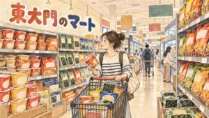 東大門でスーパーの買い物袋を提げて歩く旅行者のイメージ