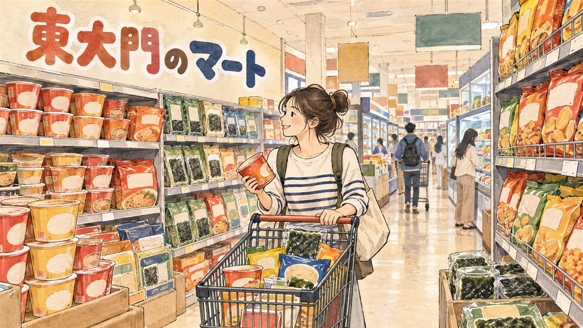 東大門でスーパーの買い物袋を提げて歩く旅行者のイメージ