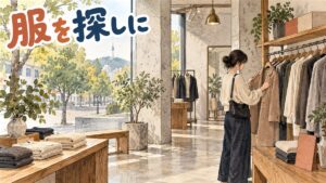 韓国のミニマルなアパレルブランド「ダンスト」の直営店を思わせる、聖水エリアの落ち着いた路面店の外観イメージ