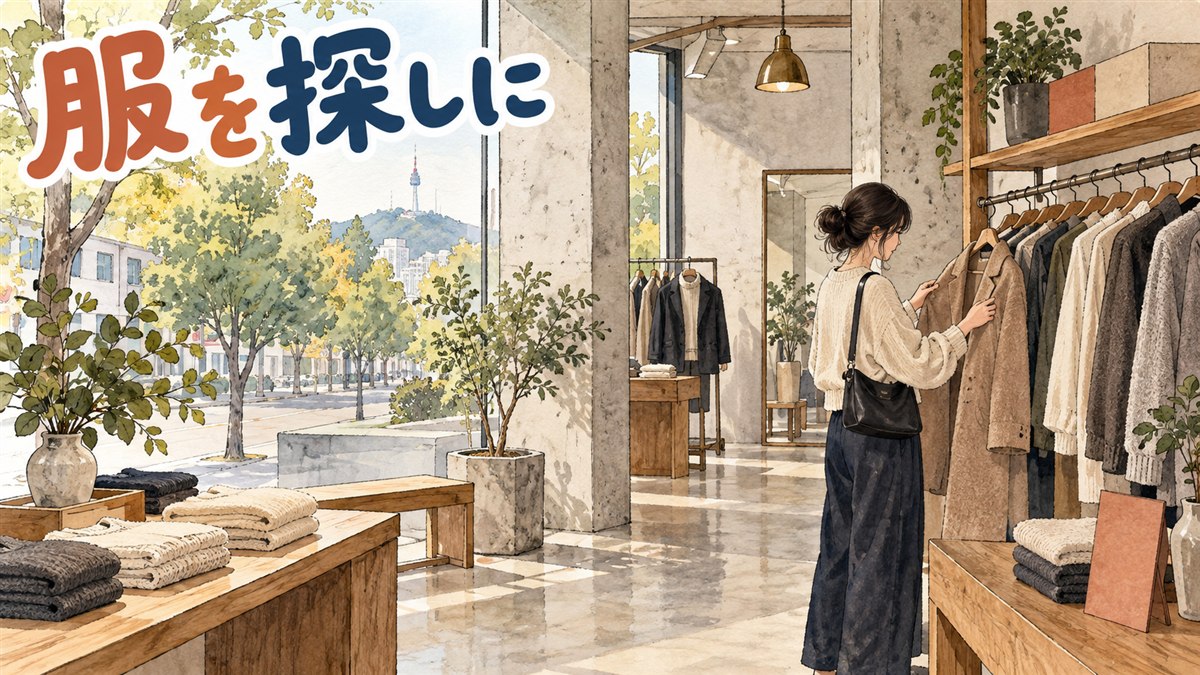 韓国のミニマルなアパレルブランド「ダンスト」の直営店を思わせる、聖水エリアの落ち着いた路面店の外観イメージ