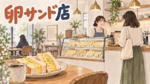 東京・青山にあるエッグドロップ青山店の外観と、木目調の店内で卵サンドを受け取る人物のイメージ