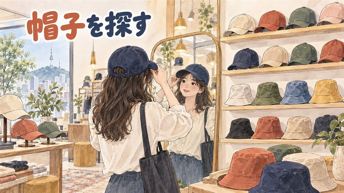 韓国のファッション街に並ぶ帽子とバッグのショップの店先