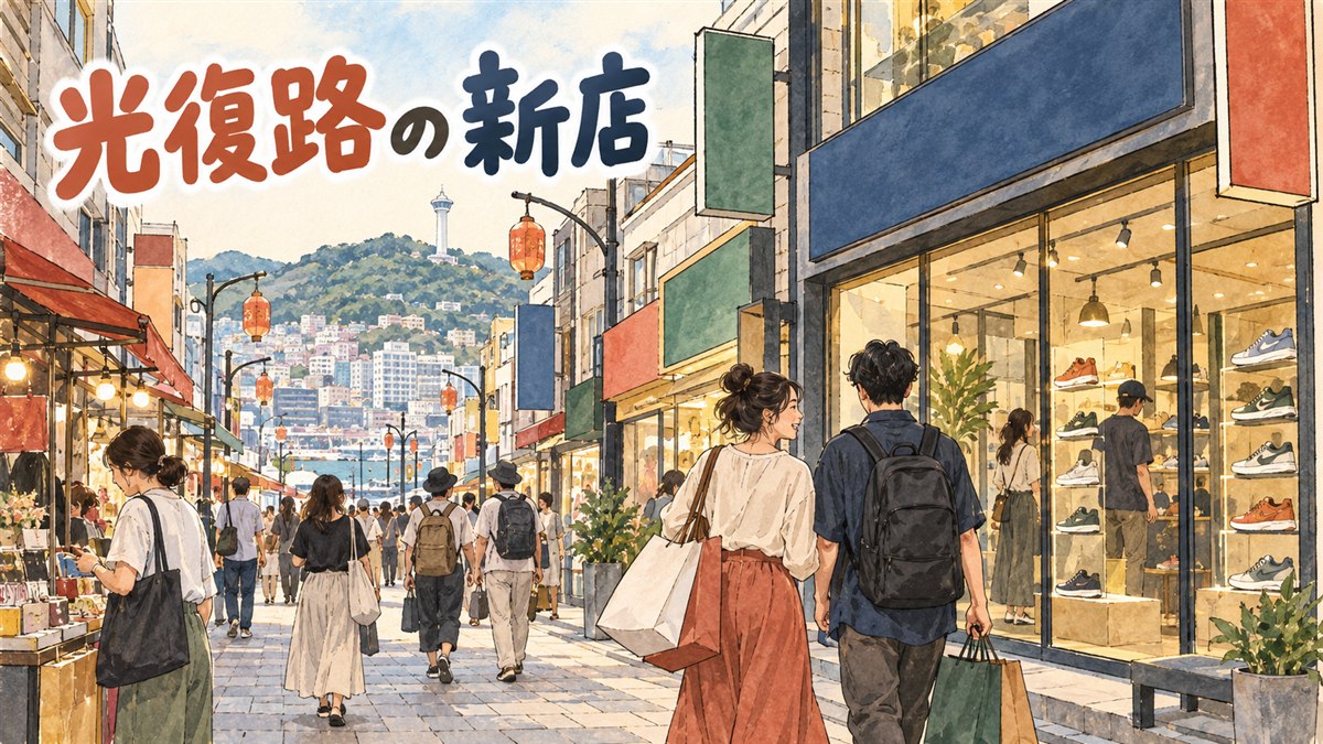 釜山の光復路にあるEPTスニーカー店の外観と、通りを歩く旅行者