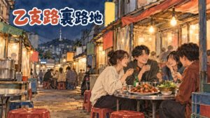 乙支路のコルベンイ横丁で夜に賑わう飲食店の路地