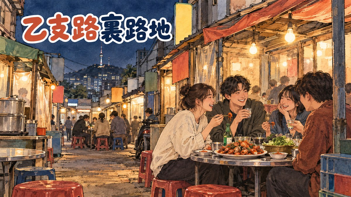 乙支路のコルベンイ横丁で夜に賑わう飲食店の路地