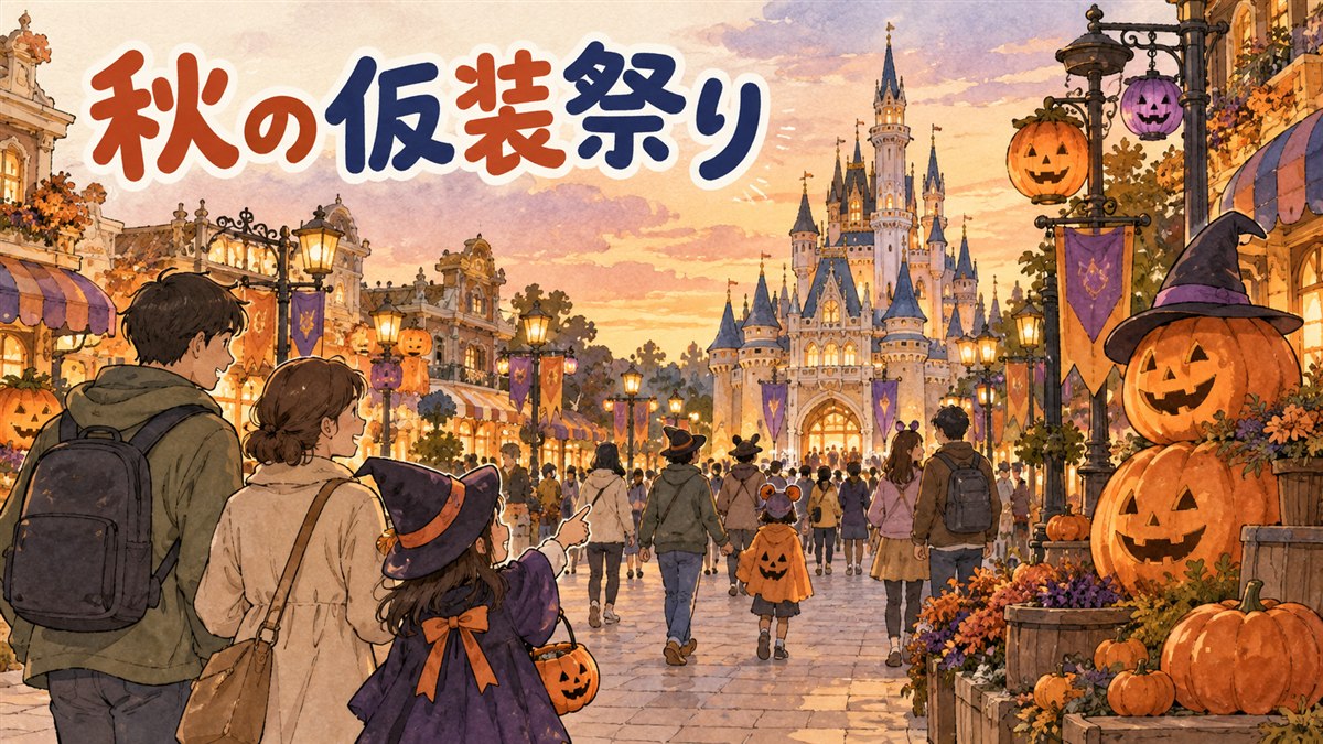 エバーランドの夜のハロウィンゾーンで、オレンジと紫の照明とカボチャの装飾に照らされた通りを来園者が歩く情景