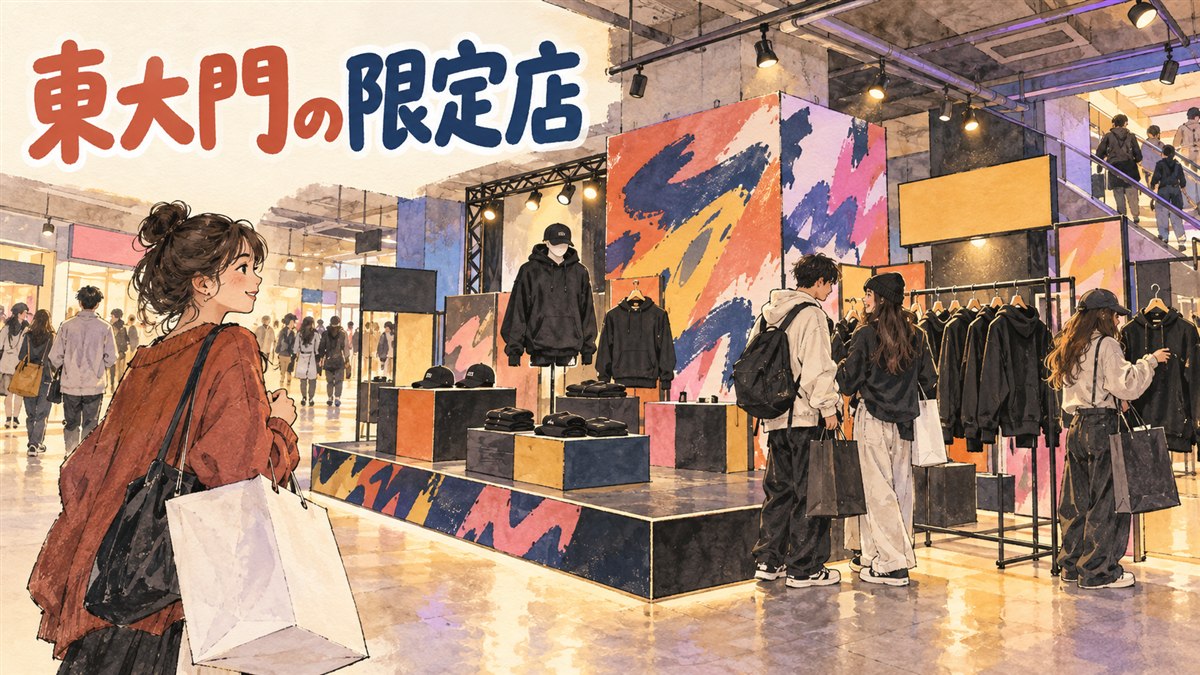 現代アウトレット東大門店の入口でポップアップストアの案内を見上げる女性のイラスト