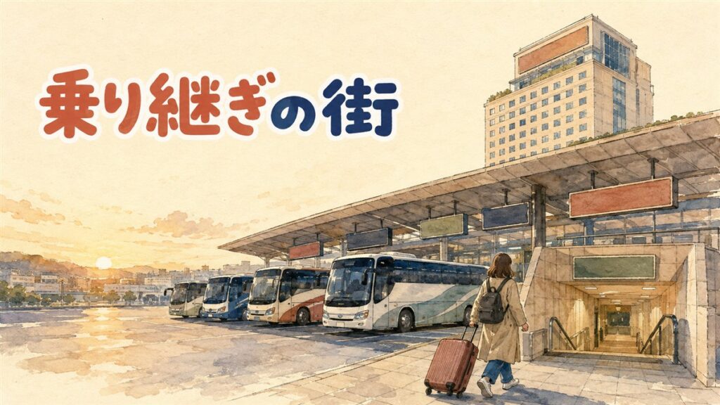 ソウルの高速ターミナル駅前で地下鉄路線図とスーツケースを見比べる旅行者のイメージ