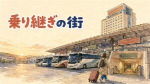 ソウルの高速ターミナル駅前で地下鉄路線図とスーツケースを見比べる旅行者のイメージ