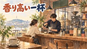 フリッツコーヒーの店舗外観にコーヒー豆袋と焼きたてバゲットが並ぶ様子