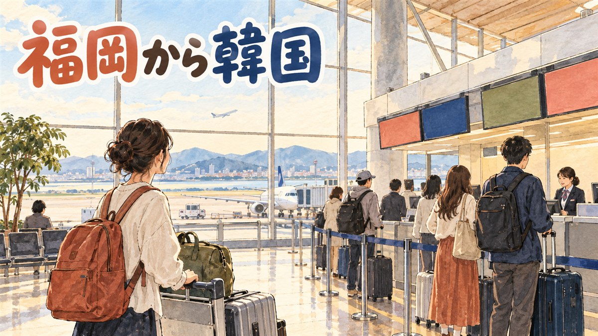 福岡空港の国際線出発ロビーで搭乗券とパスポートを手に歩く旅行者のイメージ