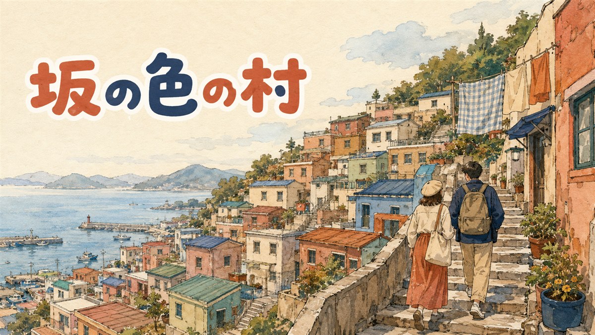 釜山の斜面に色とりどりの家が段々に並ぶ甘川文化村の風景