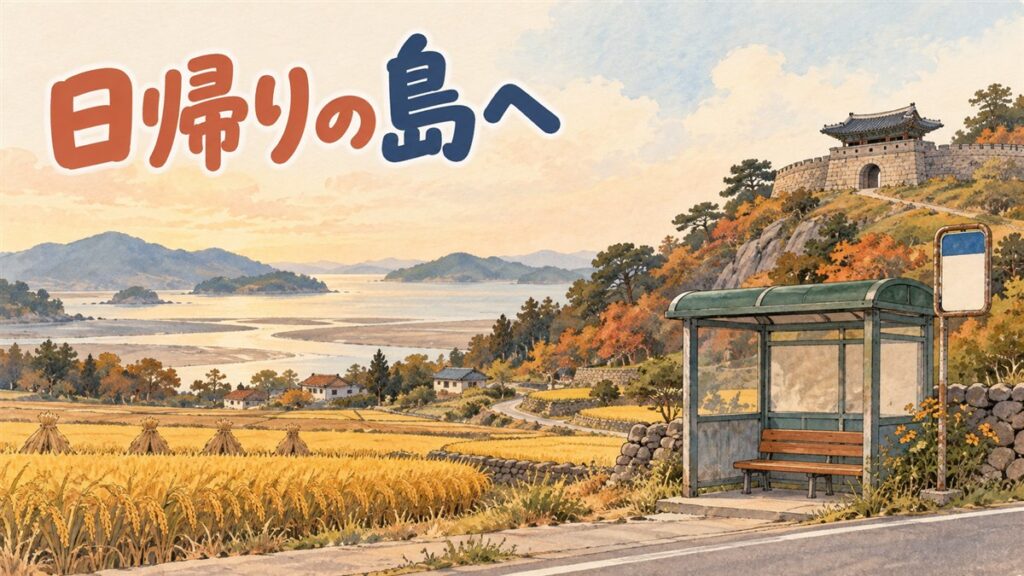 江華島の海辺カフェから夕日と支石墓・伝燈寺のある島の風景を眺める、日帰り旅の一場面