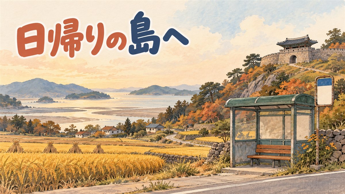 江華島の海辺カフェから夕日と支石墓・伝燈寺のある島の風景を眺める、日帰り旅の一場面