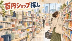 江南区内に点在するダイソー店舗の店先と買い物客のイメージ