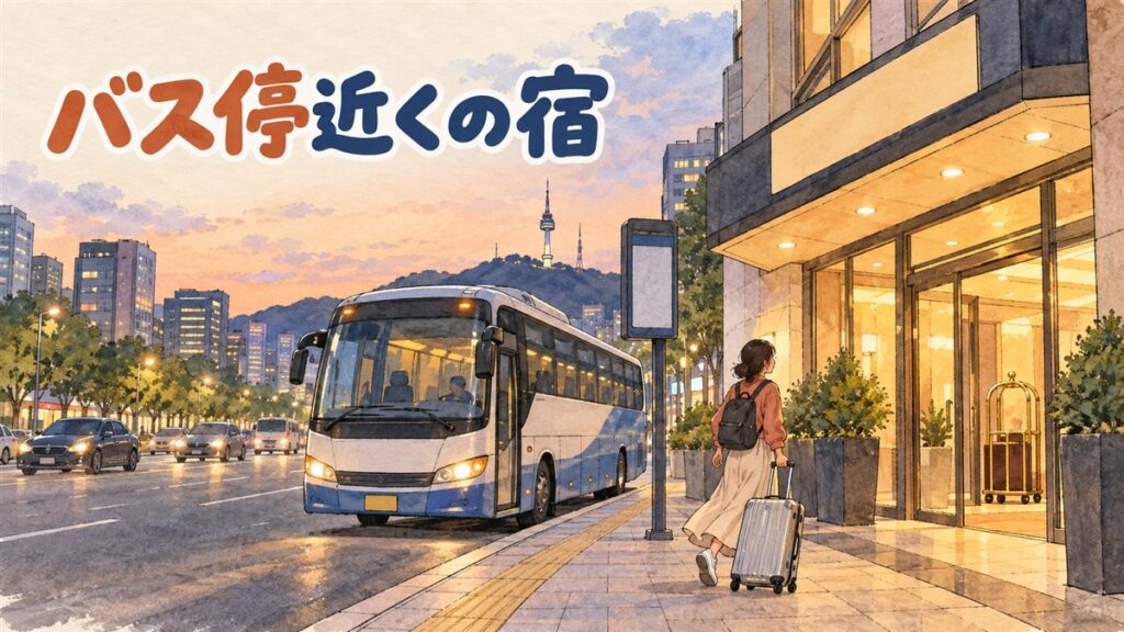 江南方面へ向かう仁川空港リムジンバスの停留所とホテルの位置関係を示すイメージ