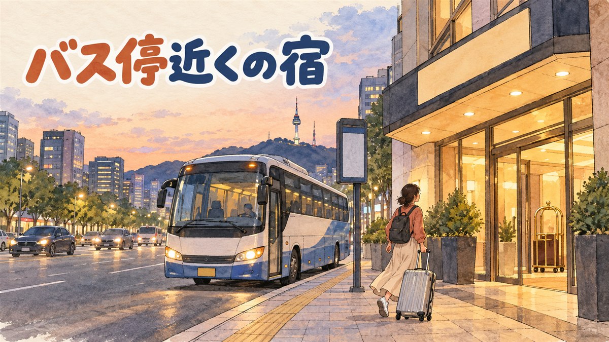 江南方面へ向かう仁川空港リムジンバスの停留所とホテルの位置関係を示すイメージ