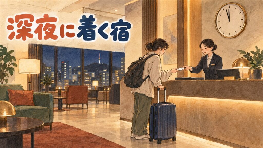 江南の夜のホテル街を、キャリーケースを引いて歩く旅行者の後ろ姿