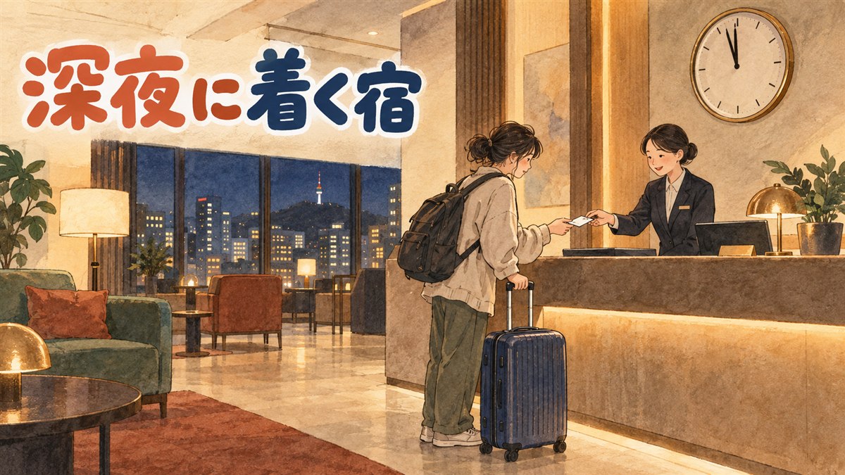 江南の夜のホテル街を、キャリーケースを引いて歩く旅行者の後ろ姿
