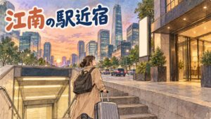 江南駅と新論峴駅、出口ごとにホテルまでの徒歩距離を確認する編集部のイメージ
