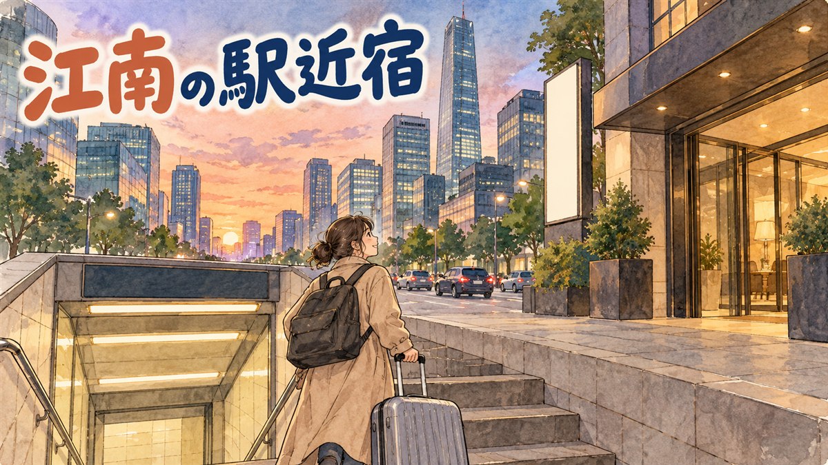 江南駅と新論峴駅、出口ごとにホテルまでの徒歩距離を確認する編集部のイメージ