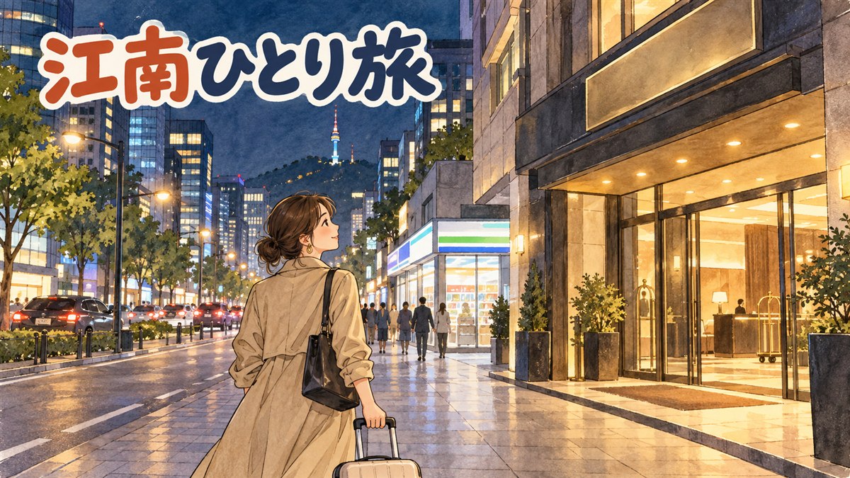 江南の大通り沿いで夜、明るい看板の下をキャリーケースを引いて歩く一人旅の女性の後ろ姿