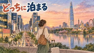 江南駅と蚕室駅、地下鉄2号線の路線図を挟んでどちらに泊まるか迷う旅行者のイメージ