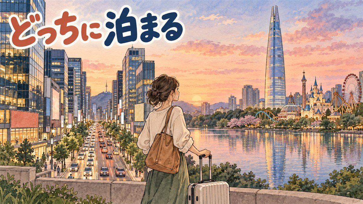 江南駅と蚕室駅、地下鉄2号線の路線図を挟んでどちらに泊まるか迷う旅行者のイメージ