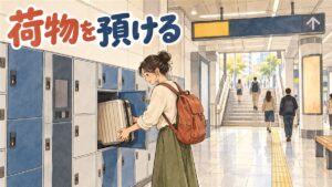 江南駅の地下通路でスーツケースを引く旅行者の後ろ姿