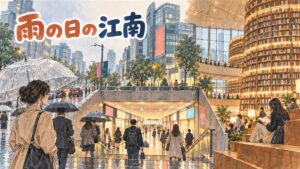 傘を差さずに地下鉄の駅から地下商店街へ入っていく江南の街の情景