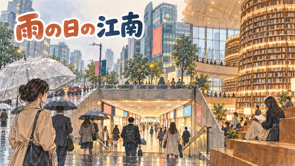 傘を差さずに地下鉄の駅から地下商店街へ入っていく江南の街の情景