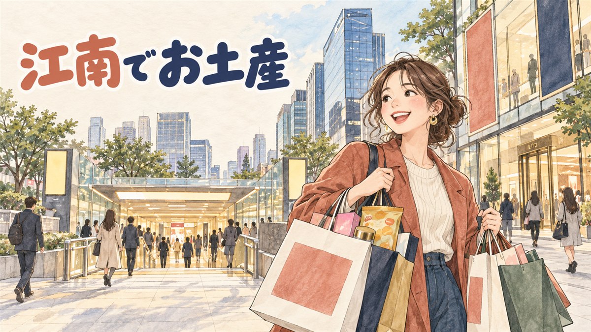 江南で紙袋を提げてお土産を選んでいる旅行者のイメージ
