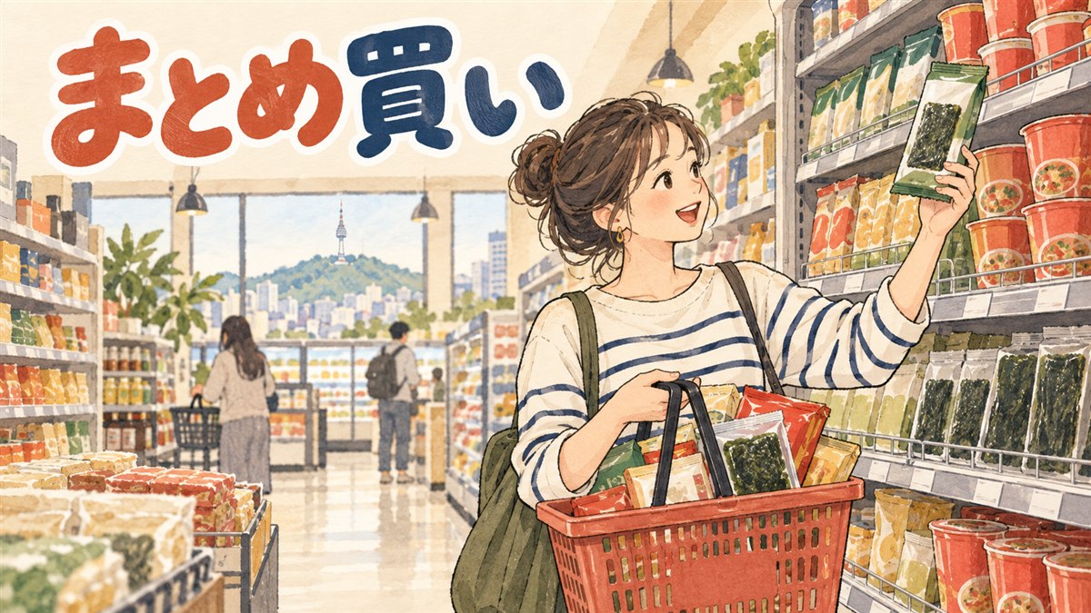 江南のオフィス街のビル地下に入るスーパーの入口と買い物袋を提げた人のイメージ