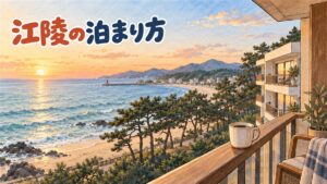 江陵の海沿いのコーヒー通りと駅前の街並みを対比した、宿泊エリア選びのイメージ