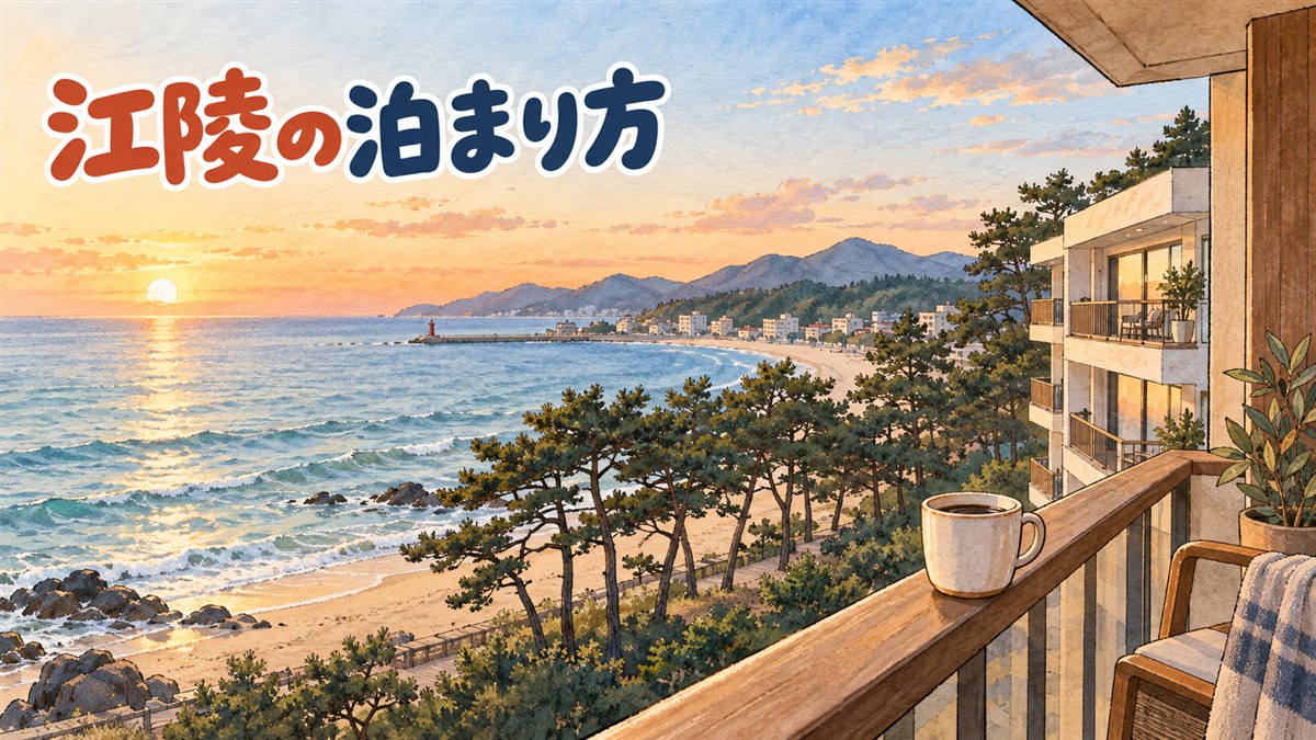 江陵の海沿いのコーヒー通りと駅前の街並みを対比した、宿泊エリア選びのイメージ