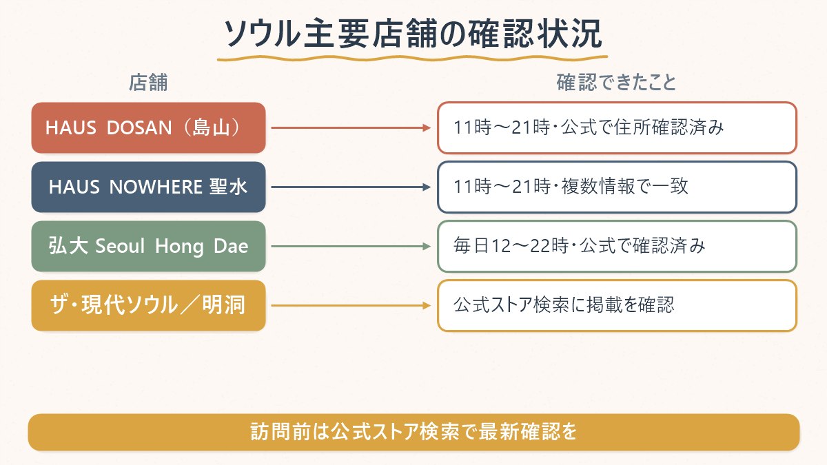 ソウルの主要店舗について、住所・営業時間の確認状況を店舗ごとに並べる図