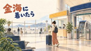 金海空港の国際線到着ロビーで両替や通信の準備をする旅行者のイメージ