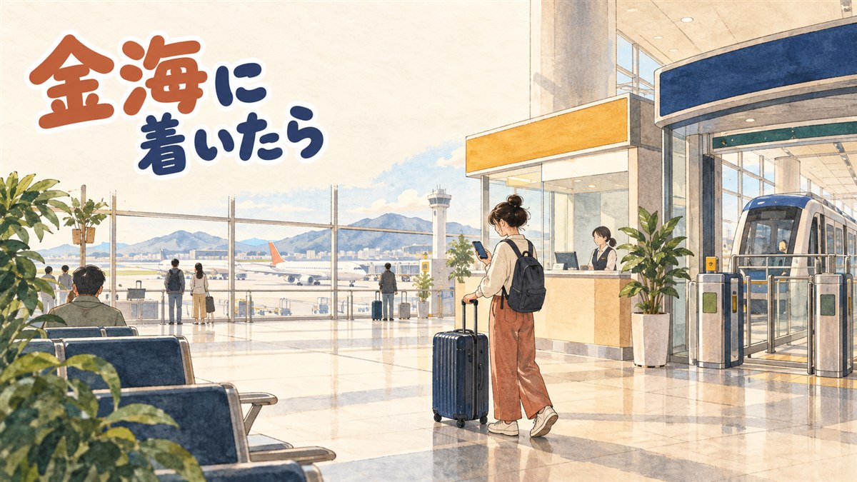 金海空港の国際線到着ロビーで両替や通信の準備をする旅行者のイメージ