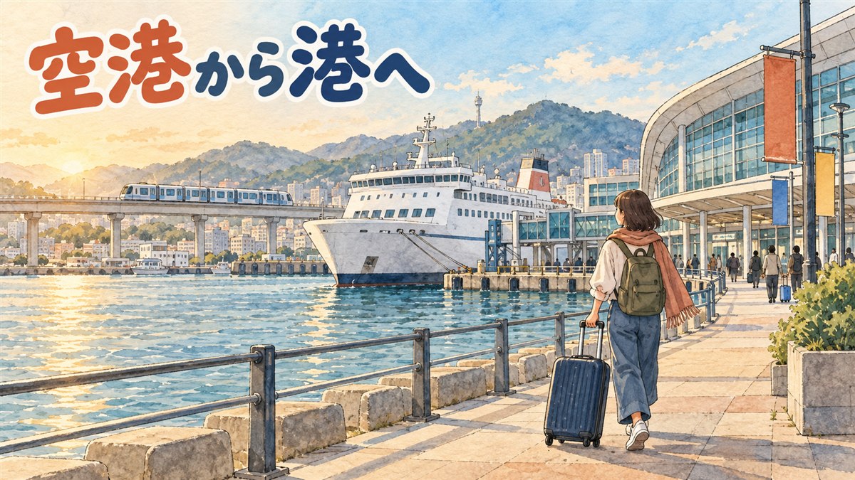 金海空港から釜山港国際旅客ターミナルへ向かう移動手段(軽電鉄・地下鉄・バス・タクシー)のイメージ