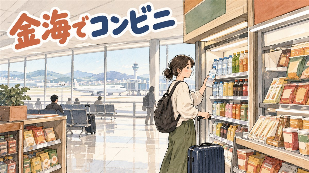 金海空港の到着ロビーを出たところにあるコンビニの前を行き交う旅行者たちの様子