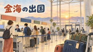 早朝の金海国際空港の国際線出国ロビーで搭乗を待つ旅行者たちのイメージ