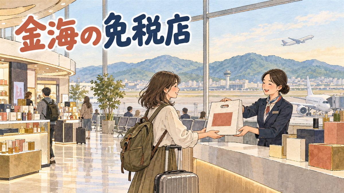 金海空港の出国エリアで免税店の案内サインを見上げる旅行者の様子